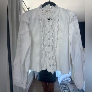 We The Free White Eyelet Ruffle Pintuck Button-Down Blouse